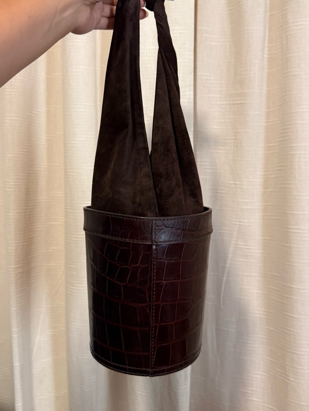 STAUD Dark Brown Croc-Embossed Bucket Bag with Suede Strap